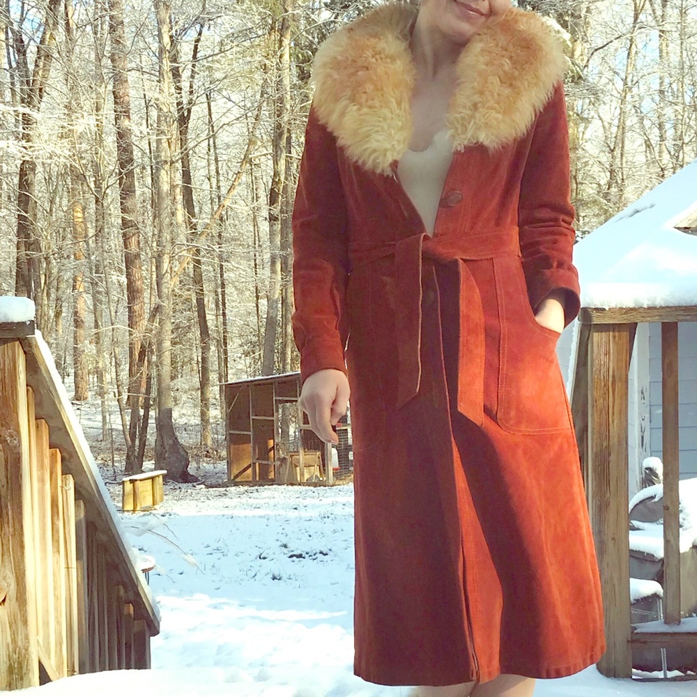 Vintage Penny Lane Leather Coat Duster Faux Fur